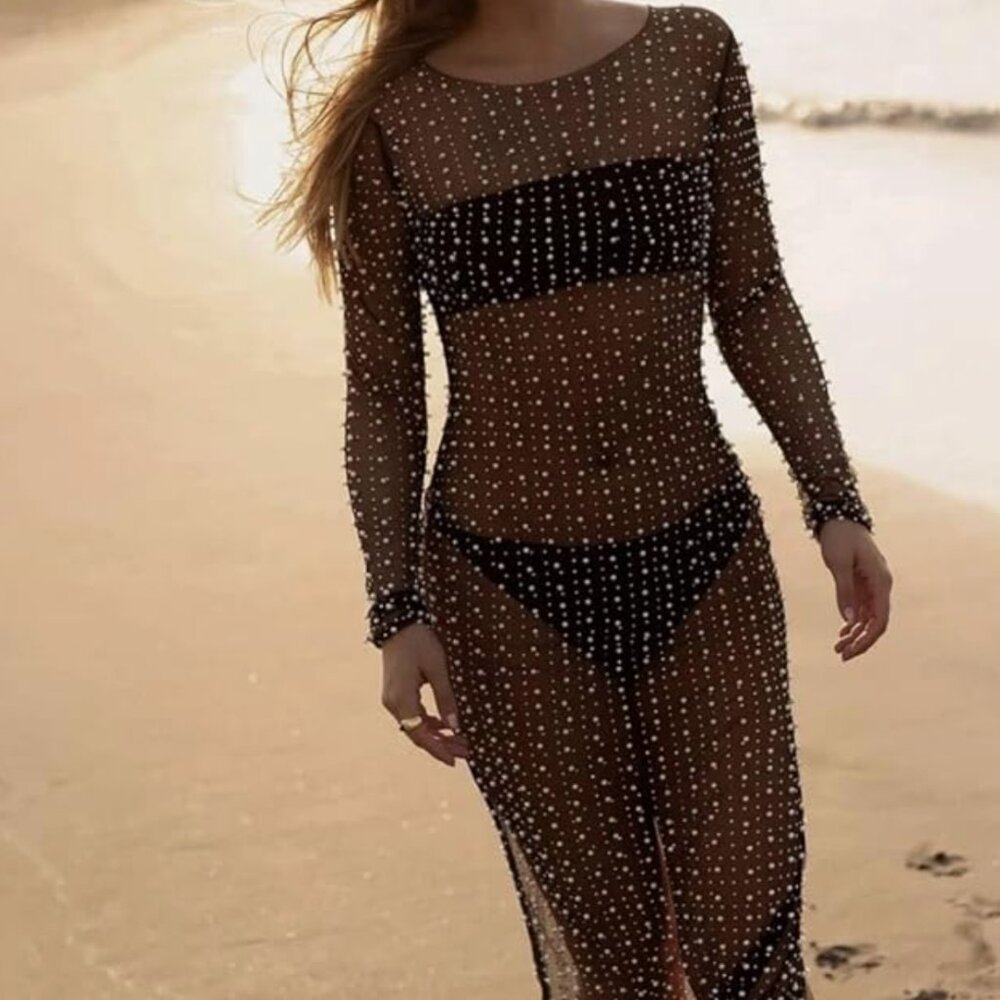 Amazon Sheer Rhinestone Mesh Maxi Dress - Black - Size L